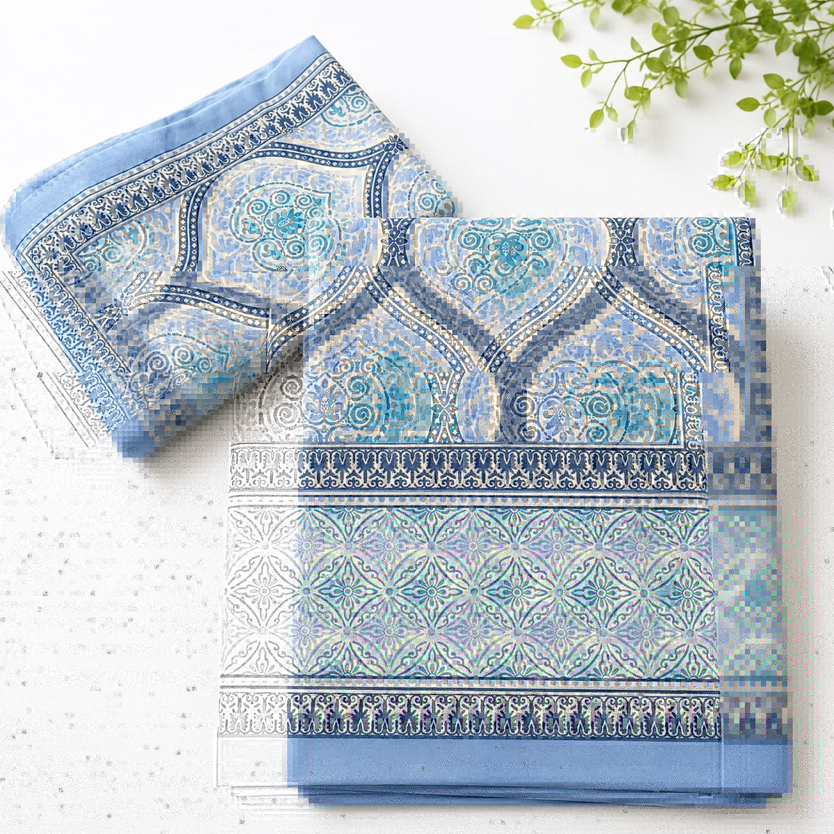 Light Blue Tile Print Cotton King Size Bedsheet Set