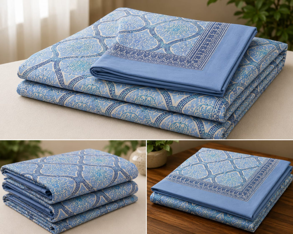Light Blue Tile Print Cotton King Size Bedsheet Set