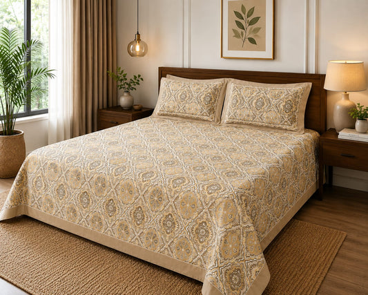 Beige Gold Medallion Cotton King Size Bedsheet Set with 2 Pillow Covers | 100% Cotton | 225x275 cm | ChapaSSyahii