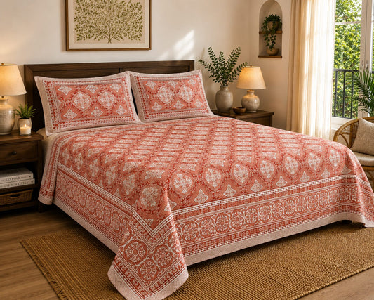 Terracotta Orange Medallion Cotton King Size Bedsheet Set with 2 Pillow Covers | 100% Cotton | 225x275 cm | ChapaSSyahii