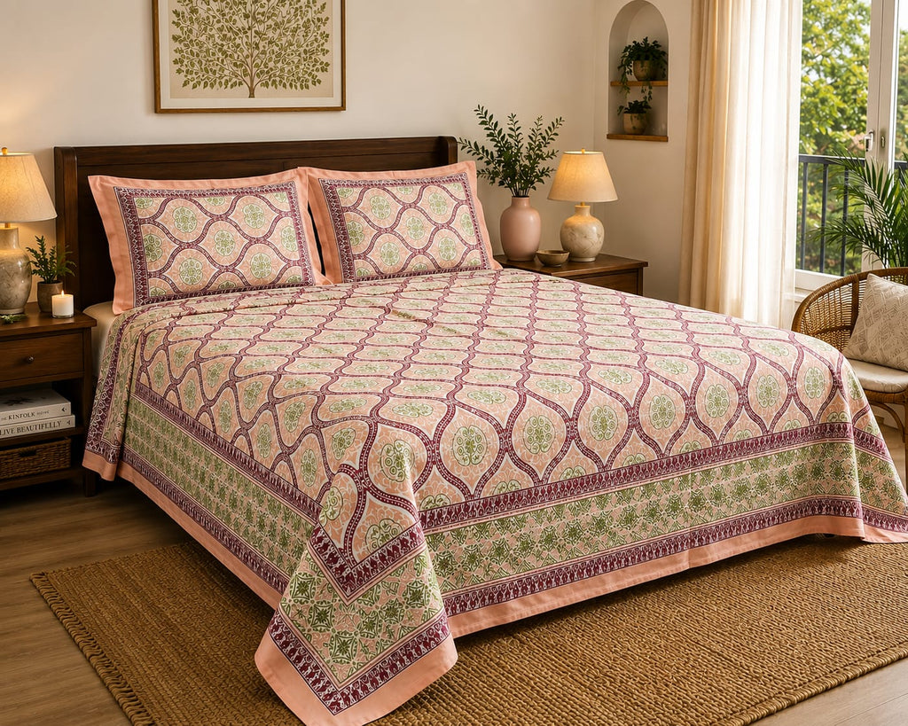 Peach Green Lattice Cotton King Size Bedsheet Set