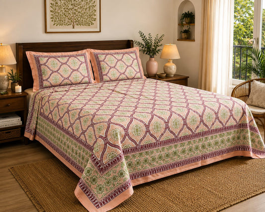 Peach Green Lattice Cotton King Size Bedsheet Set with 2 Pillow Covers | 100% Cotton | 225x275 cm | ChapaSSyahii