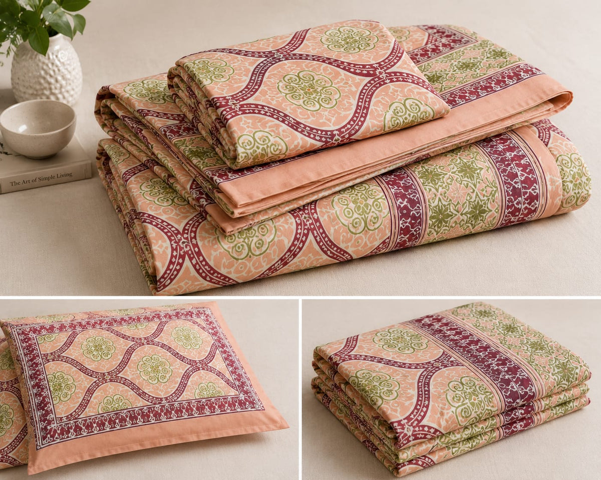 Peach Green Lattice Cotton King Size Bedsheet Set