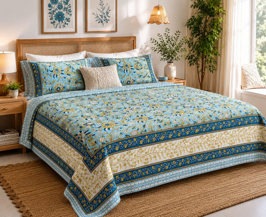 Aqua Blue Botanical Cotton King Size Bedsheet Set with 2 Pillow Covers | 100% Cotton | 225x275 cm | ChapaSSyahii