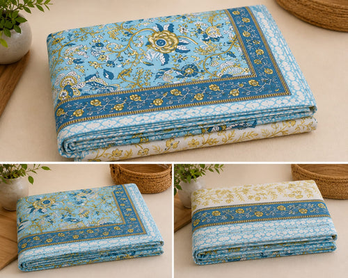 Aqua Blue Botanical Cotton King Size Bedsheet Set