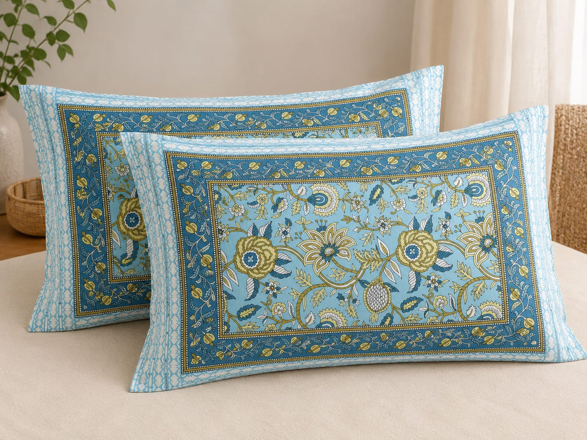 Aqua Blue Botanical Cotton King Size Bedsheet Set