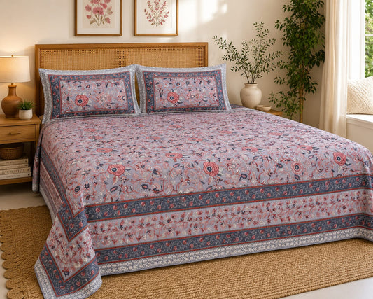 Grey Rose Floral Cotton King Size Bedsheet Set with 2 Pillow Covers | 100% Cotton | 225x275 cm | ChapaSSyahii