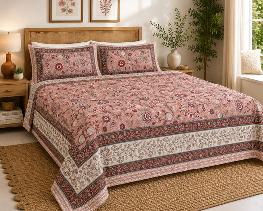 Peach Rust Floral Cotton King Size Bedsheet Set with 2 Pillow Covers | 100% Cotton | 225x275 cm | ChapaSSyahii