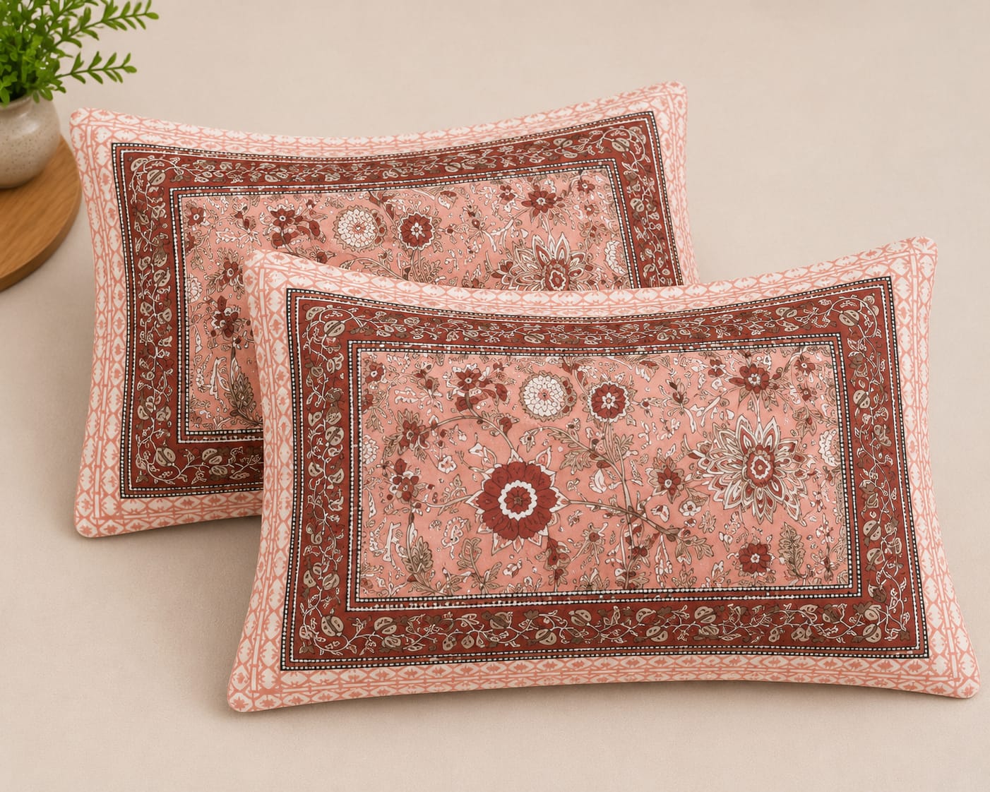 Peach Rust Floral Cotton King Size Bedsheet Set with 2 Pillow Covers | 100% Cotton | 225x275 cm | ChapaSSyahii