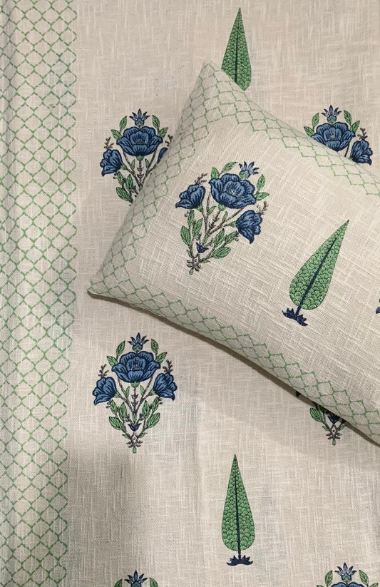 Sapphire Serenity - Cream with Blue and Green Floral Arrangement