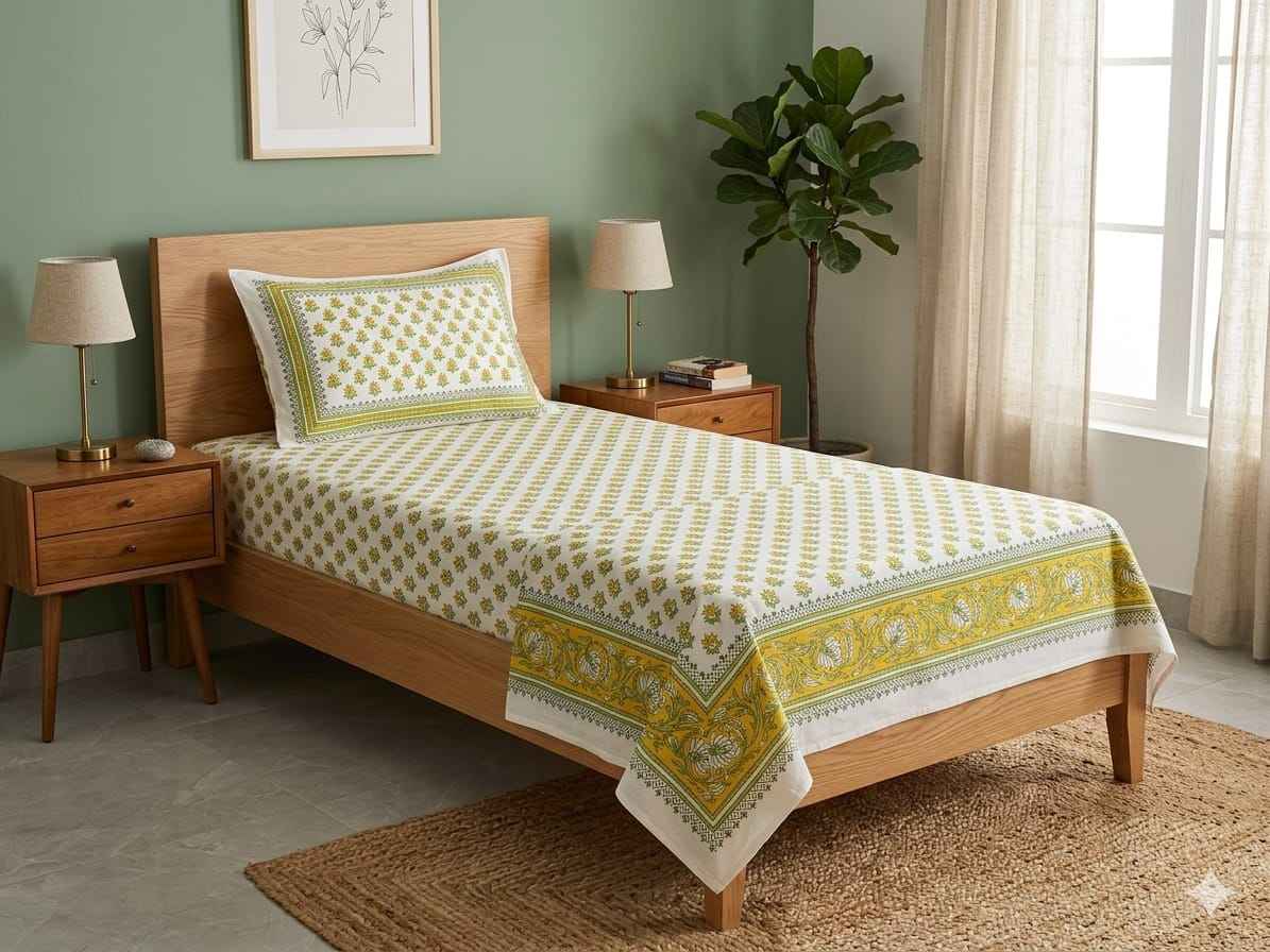 Olive Pushpa Jaal Single Bedsheet – 100% Cotton | 240 TC