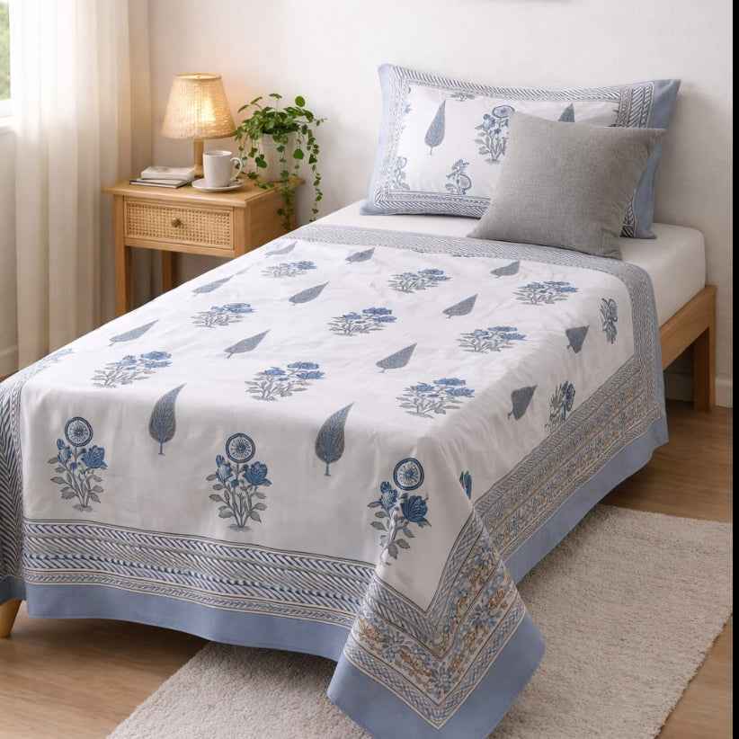 Neeli Pankhudi Floral Single Bedsheet – 100% Cotton | 240 TC