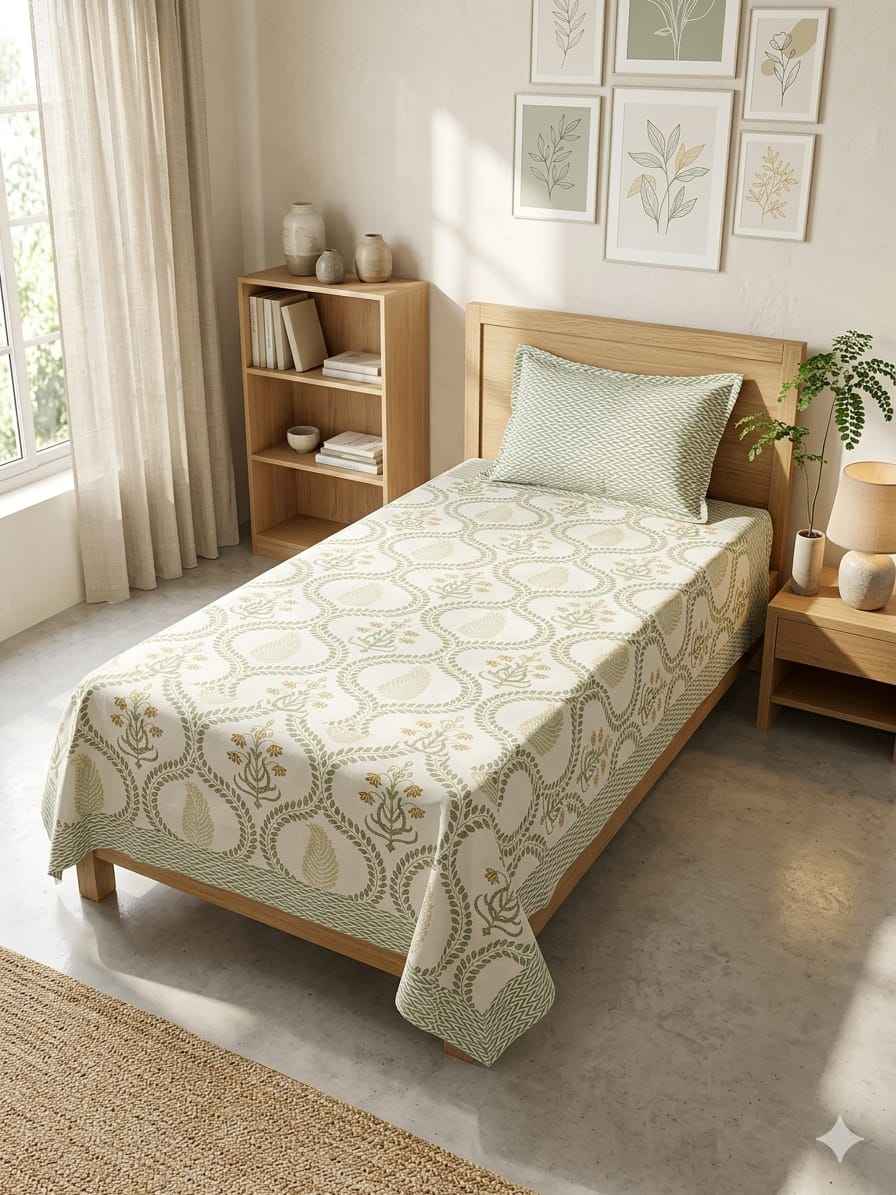 Harit Pushp Jaal Single Bedsheet – 100% Cotton | 240 TC