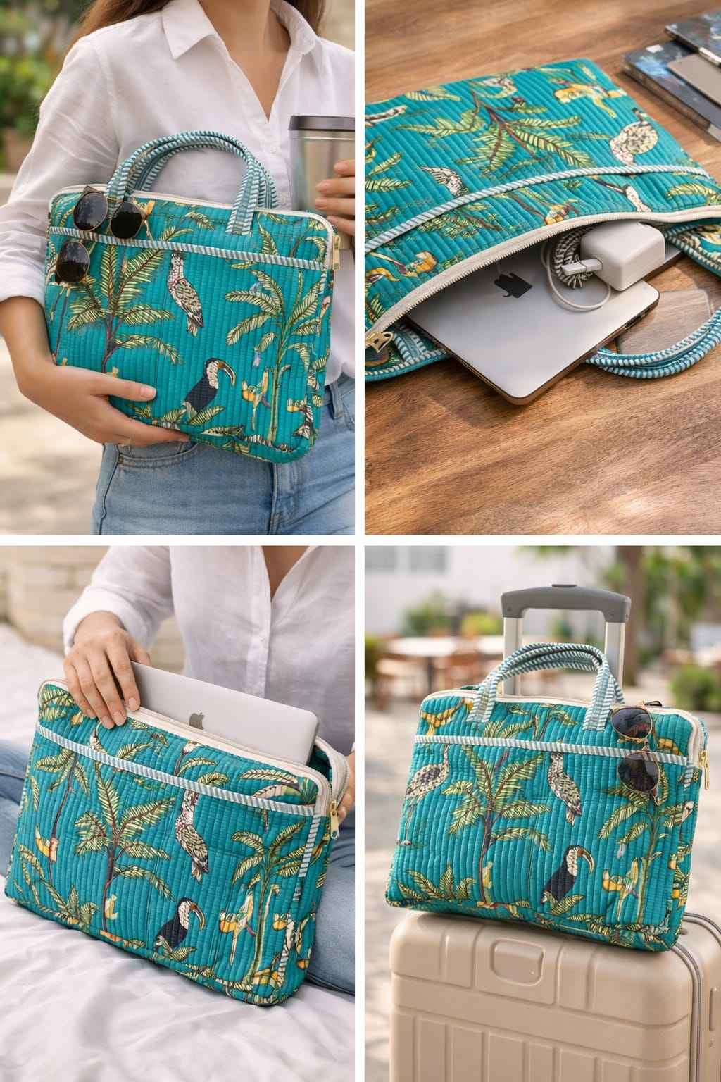 Tropical Palm Handblock Printed Cotton Laptop Bag (15 Inch)