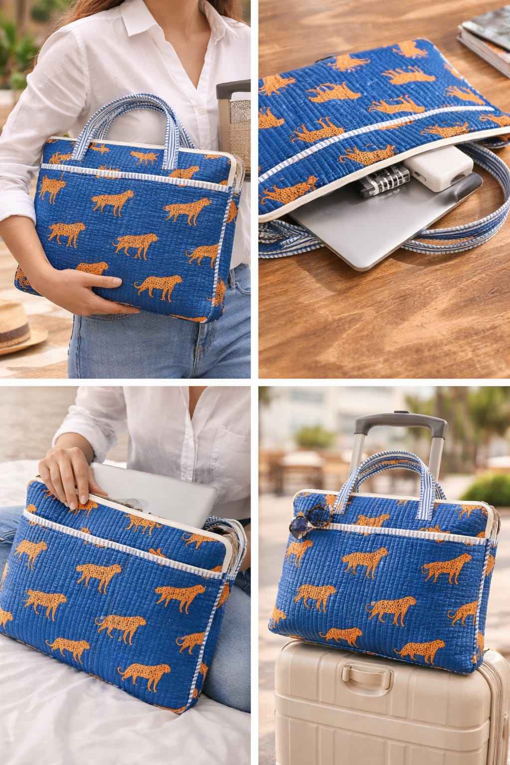 Blue Leopard Handblock Printed Cotton Laptop Bag (15 Inch)
