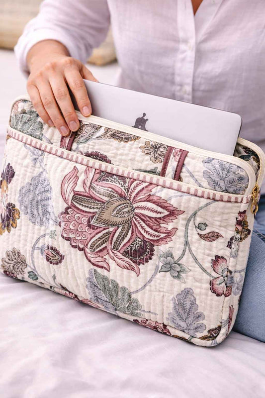 Vintage Floral Handblock Printed Cotton Laptop Bag (15 Inch)