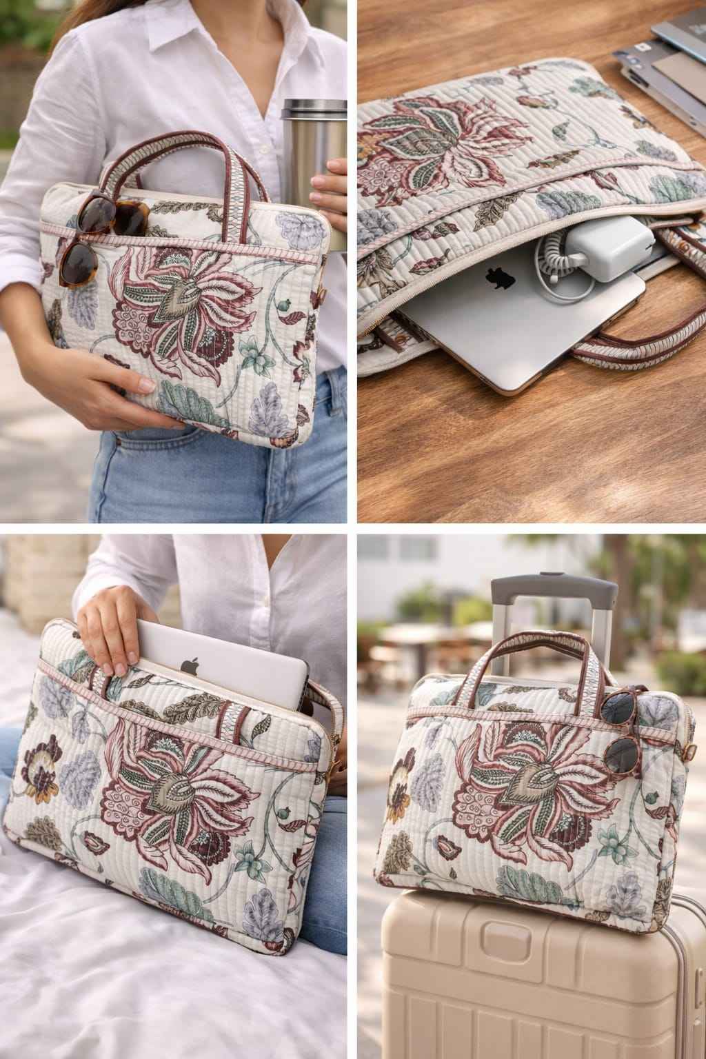 Vintage Floral Handblock Printed Cotton Laptop Bag (15 Inch)