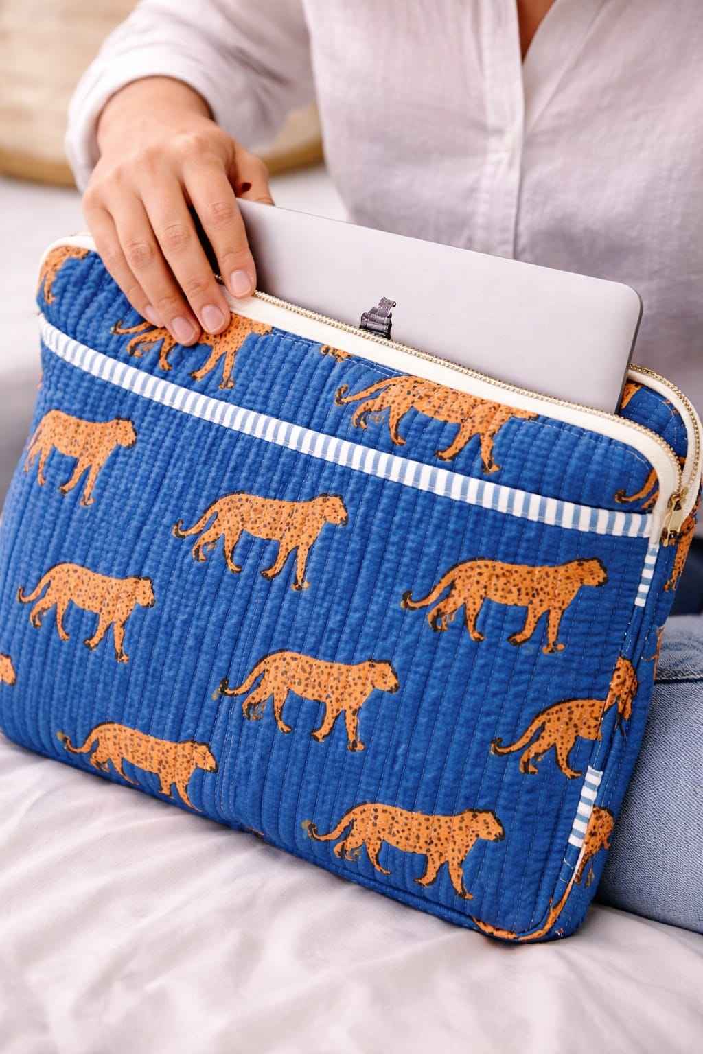 Blue Leopard Handblock Printed Cotton Laptop Bag (15 Inch)