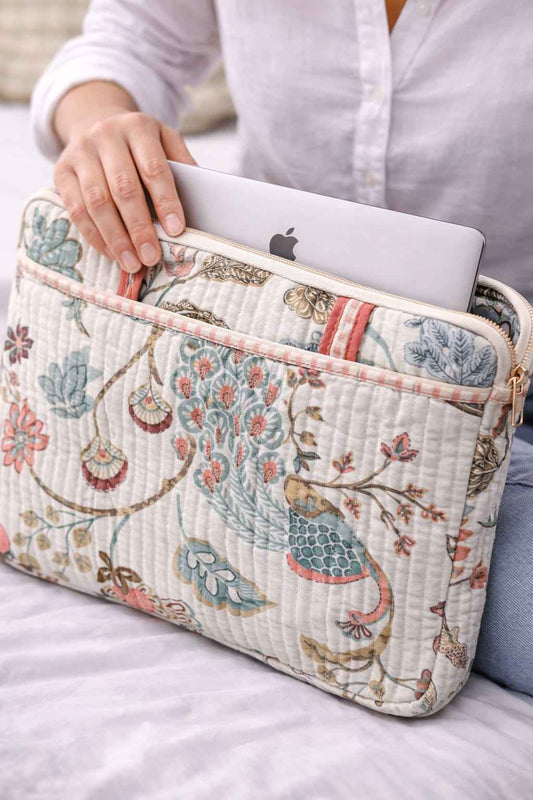 Ivory Peacock Handblock Printed Cotton Laptop Bag (15 Inch)