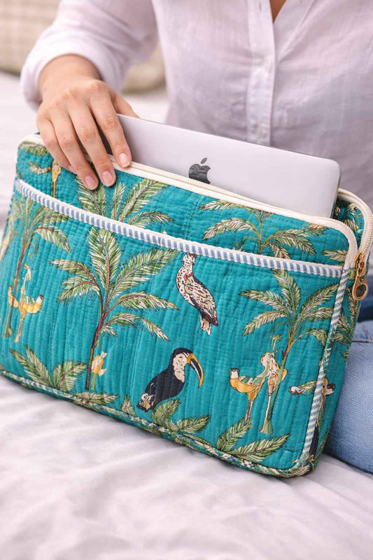 Tropical Palm Handblock Printed Cotton Laptop Bag (15 Inch)