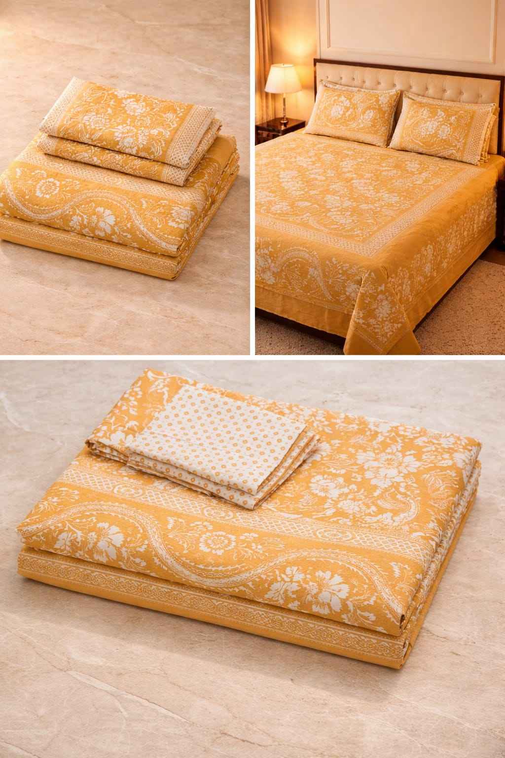 Marigold Jaal Cotton King SIze Bedsheet – Handblock Inspired Print | Premium Bedding