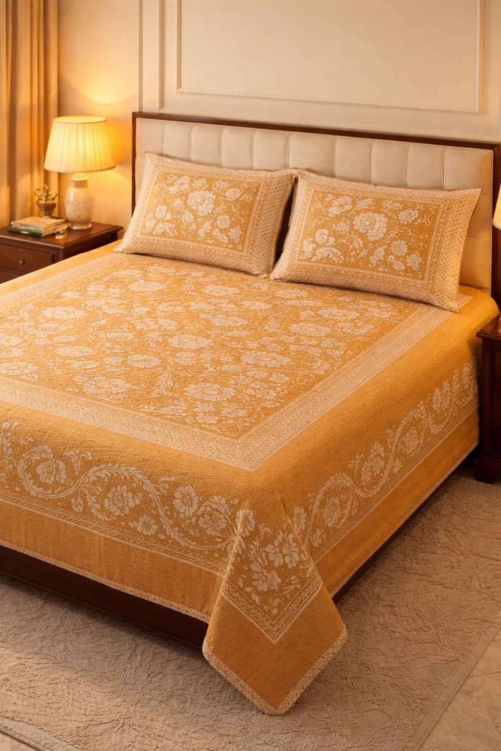 Marigold Jaal Cotton King SIze Bedsheet – Handblock Inspired Print | Premium Bedding