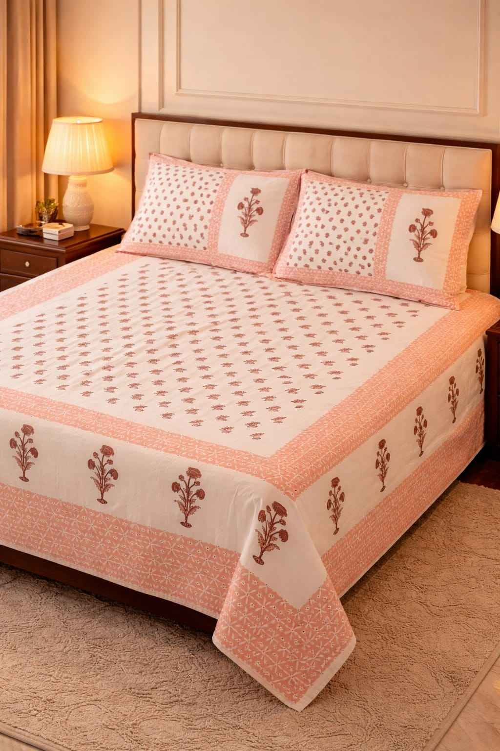 Gulabi Boota Cotton King Size Bedsheet – Handblock Inspired Print | Premium Bedding