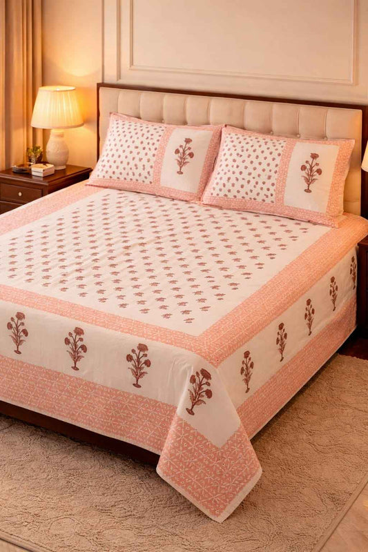 Gulabi Boota Cotton King Size Bedsheet – Handblock Inspired Print | Premium Bedding