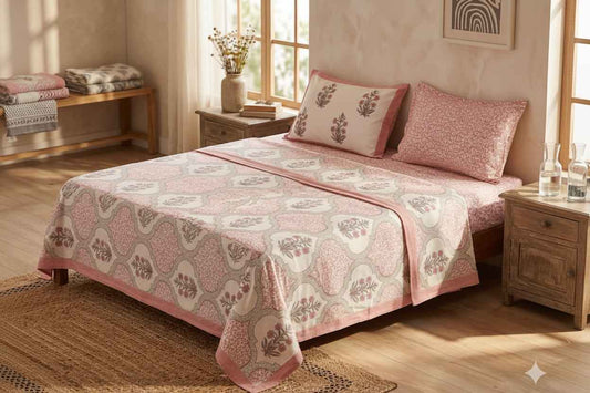 Gulabi Pushp Handblock Floral King Size Bedsheet