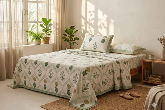Hari Patta Botanical Handblock King Size Bedsheet