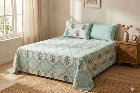 Mint Gulnaar Handblock Floral King Size Bedsheet