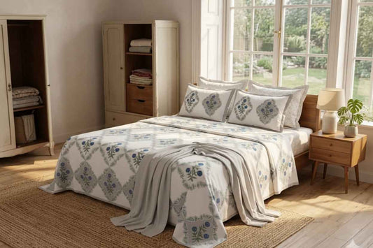 Neel Aangan Blue Handblock Floral King Size Bedsheet