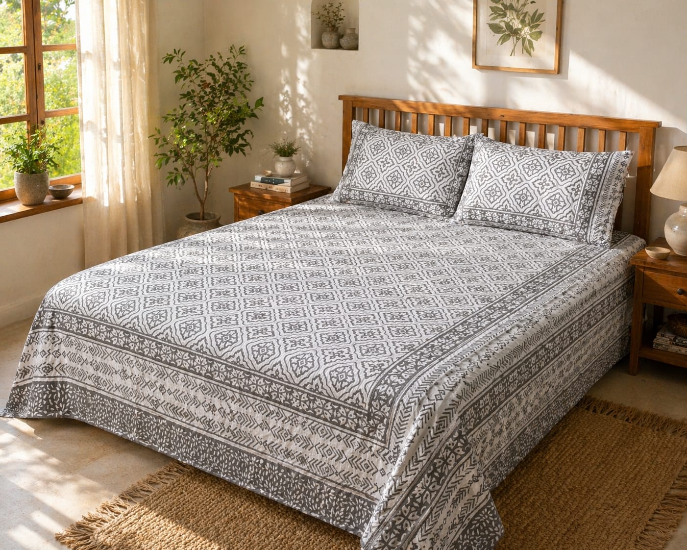 Grey geometric cotton king size bedsheet with matching pillow covers