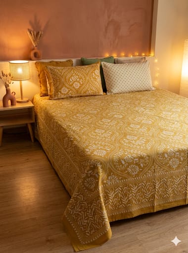 Mustard yellow floral cotton king size bedsheet with pillow covers
