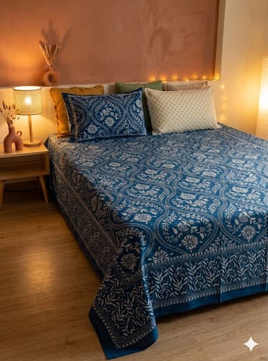 Indigo blue floral cotton king size bedsheet with pillow covers