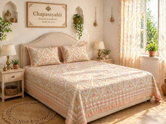 Soft Peach Ikkat Bedsheet