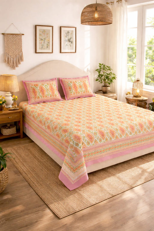 Peach Pink Ikkat Bedsheet