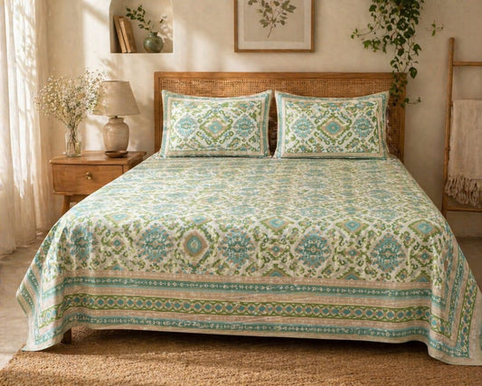 Olive Teal Ikkat Bedsheet