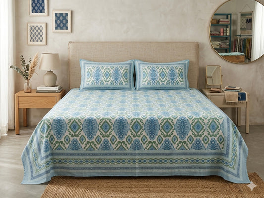 Blue Sage Ikkat Bedsheet