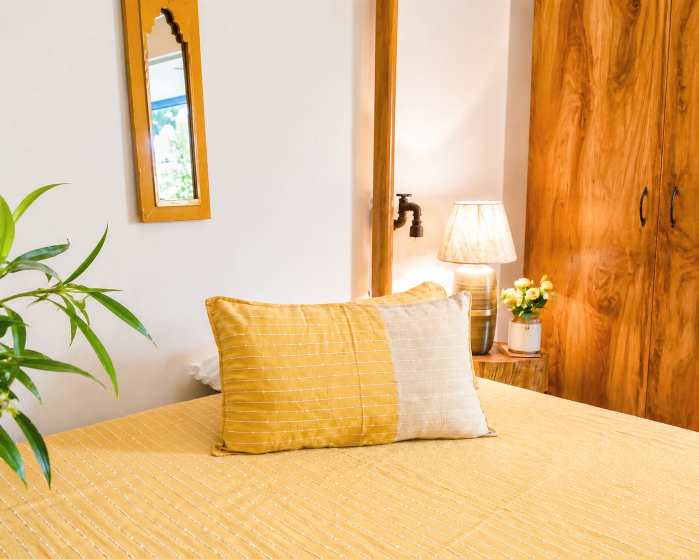 Mustard White Stripe Handloom Bedsheet Set