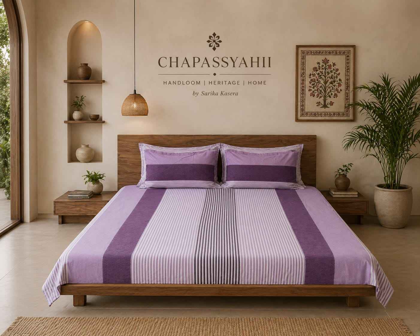 Rose Pink & Gold Stripe Handloom Bedsheet Set