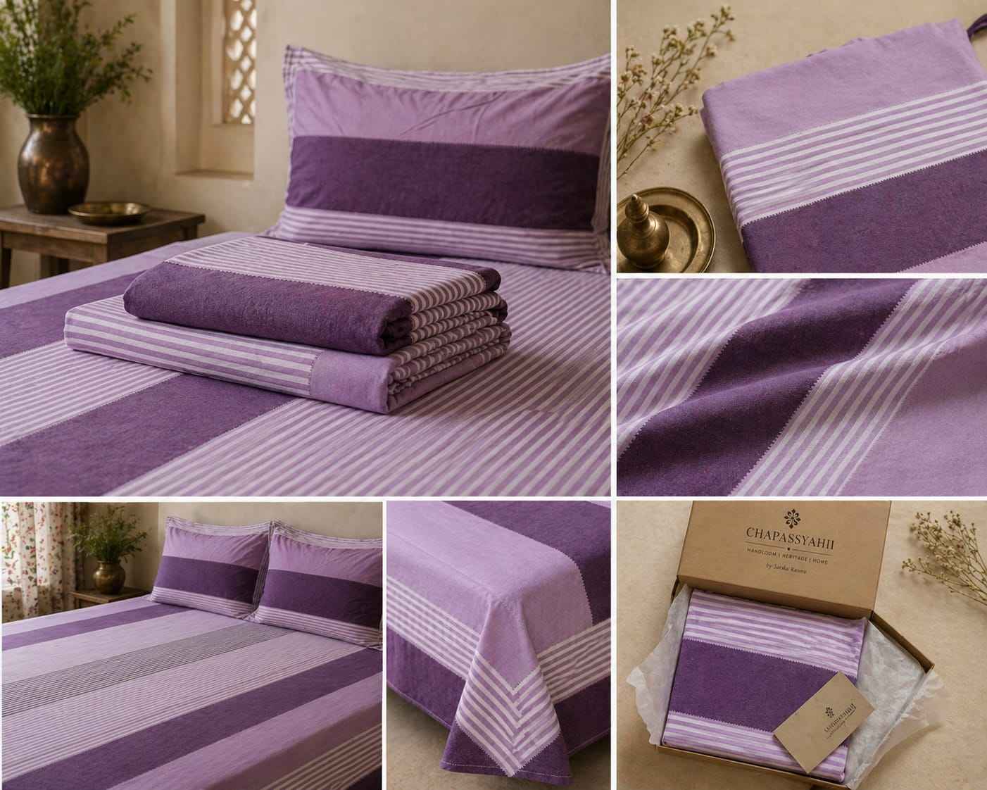 Rose Pink & Gold Stripe Handloom Bedsheet Set