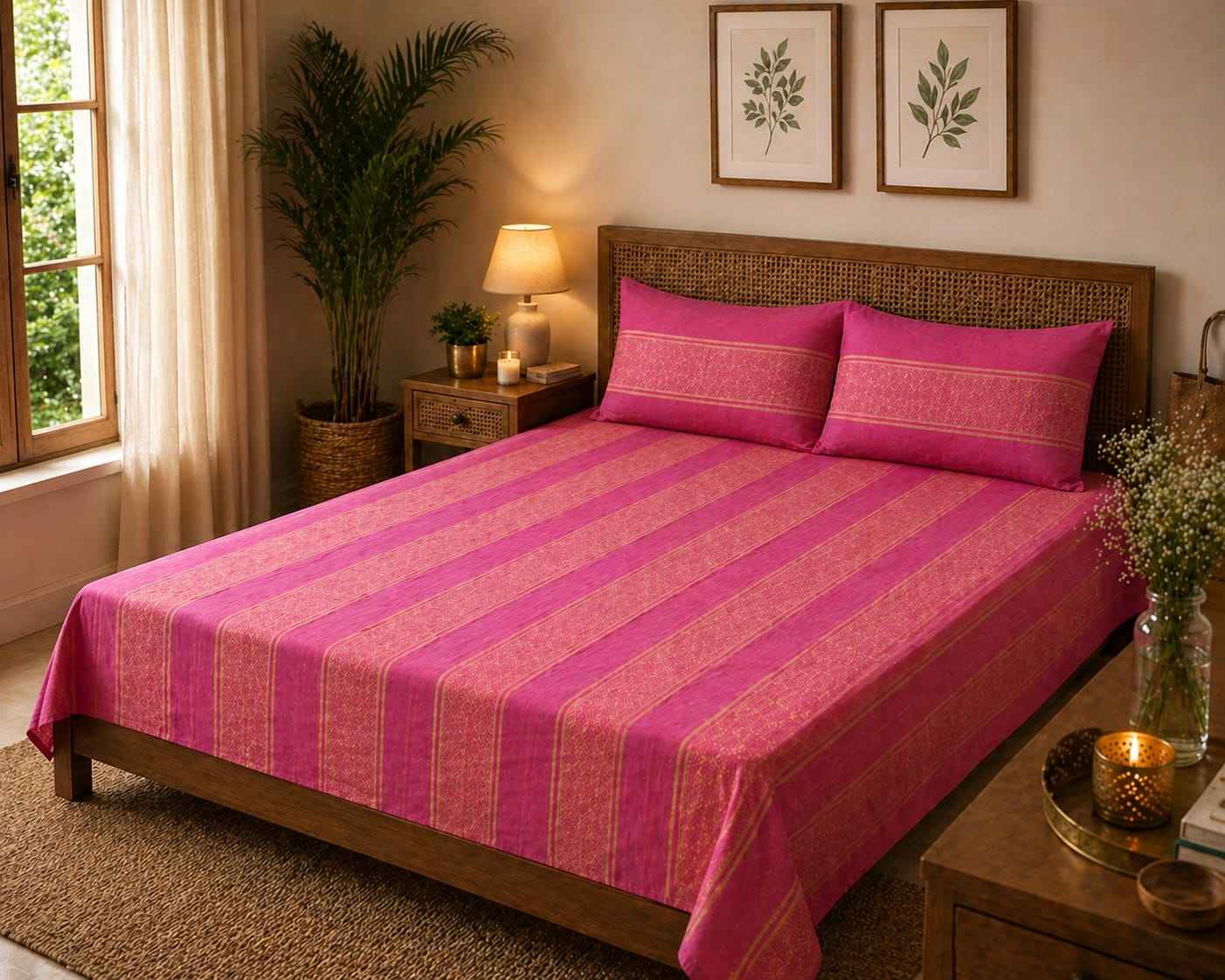 Lavender & Plum Stripe Handloom Bedsheet Set