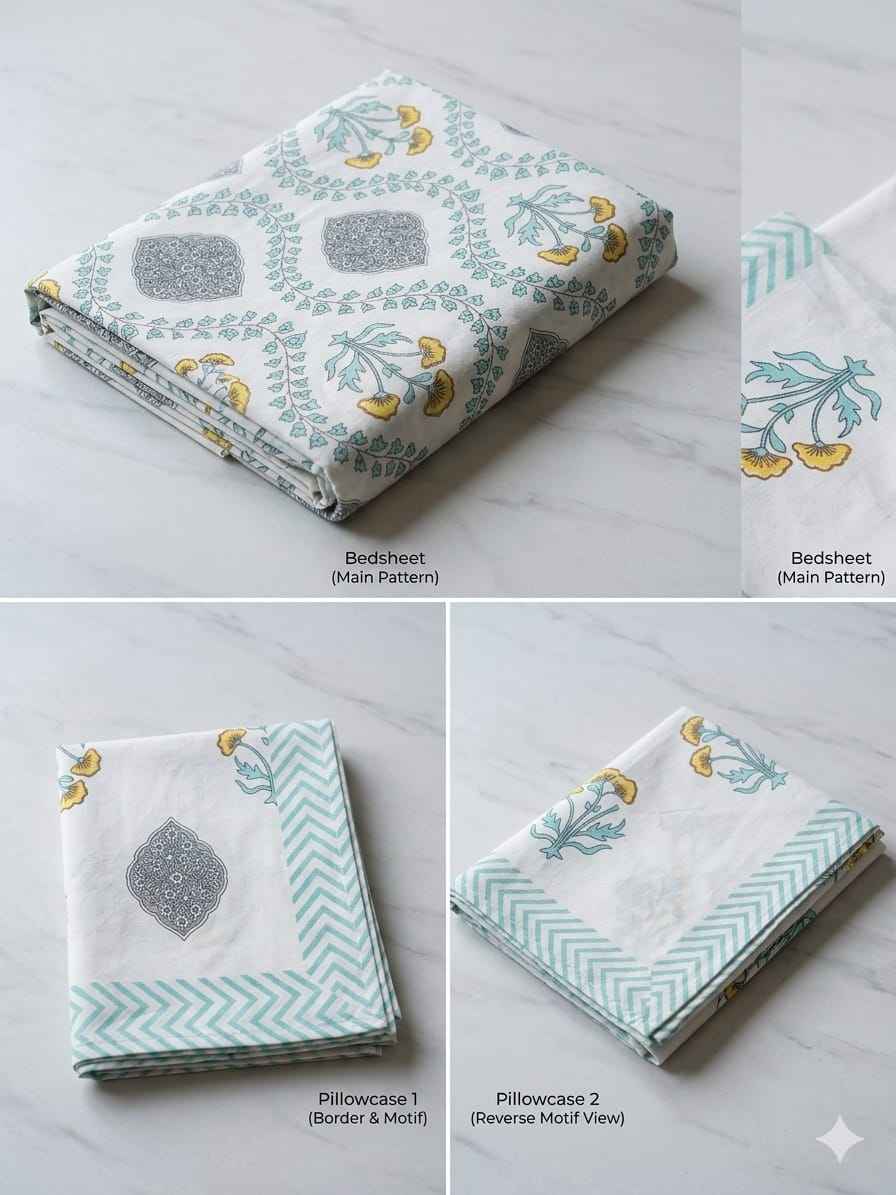 Mint & Grey Ethnic Motif Cotton King Size Bedsheet