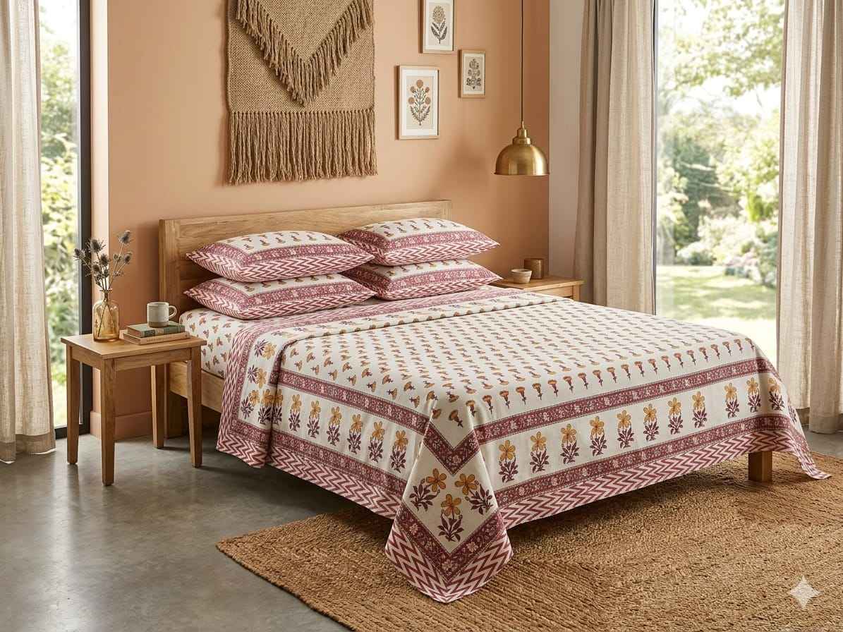 Beige & Maroon Floral Cotton King Size Bedsheet