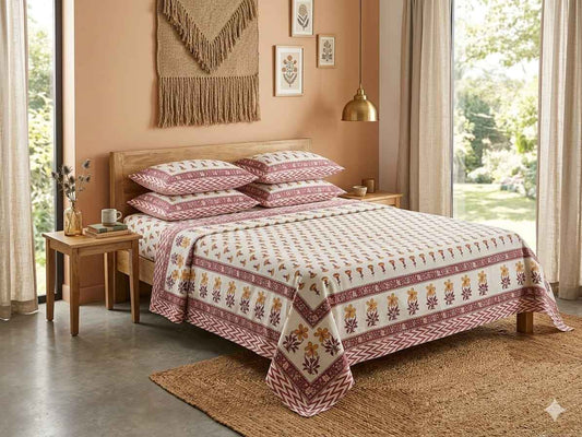 Beige & Maroon Floral Cotton King Size Bedsheet