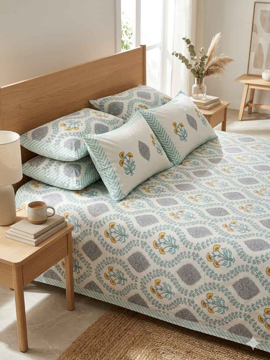 Mint & Grey Ethnic Motif Cotton King Size Bedsheet