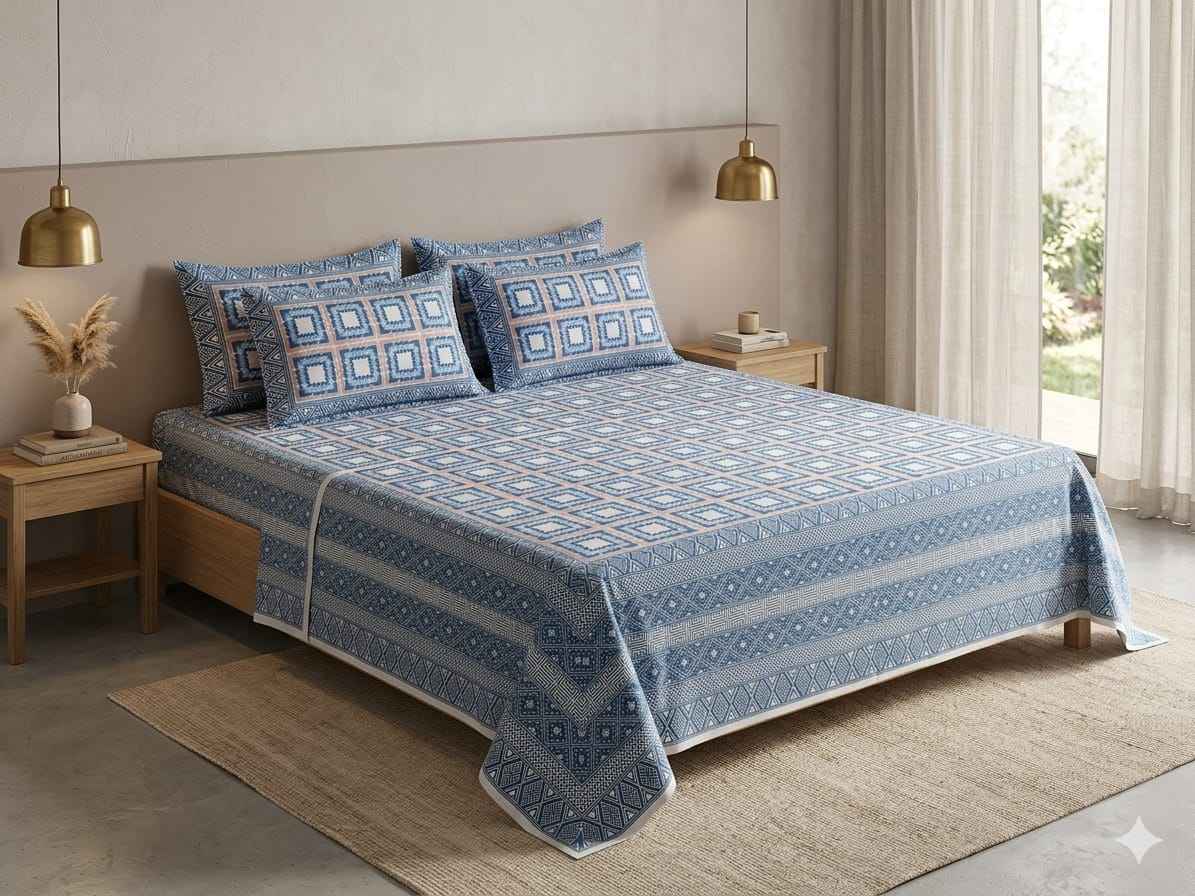 Indigo Blue Geometric Cotton King Size Bedsheet