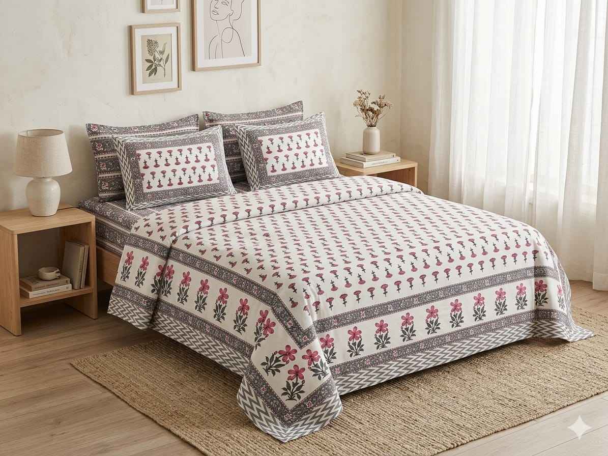 White & Rose Boota Cotton King Size Bedsheet