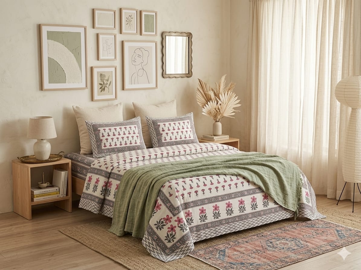 White & Rose Boota Cotton King Size Bedsheet